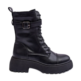 Leather Worker Boots on a Flat Heel with a Buckle, Black Samivlo