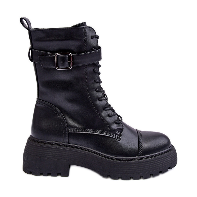 Leather Worker Boots on a Flat Heel with a Buckle Black Samivlo