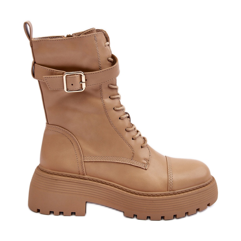 Leather Worker Boots on a Flat Heel with a Buckle, Beige Samivlo