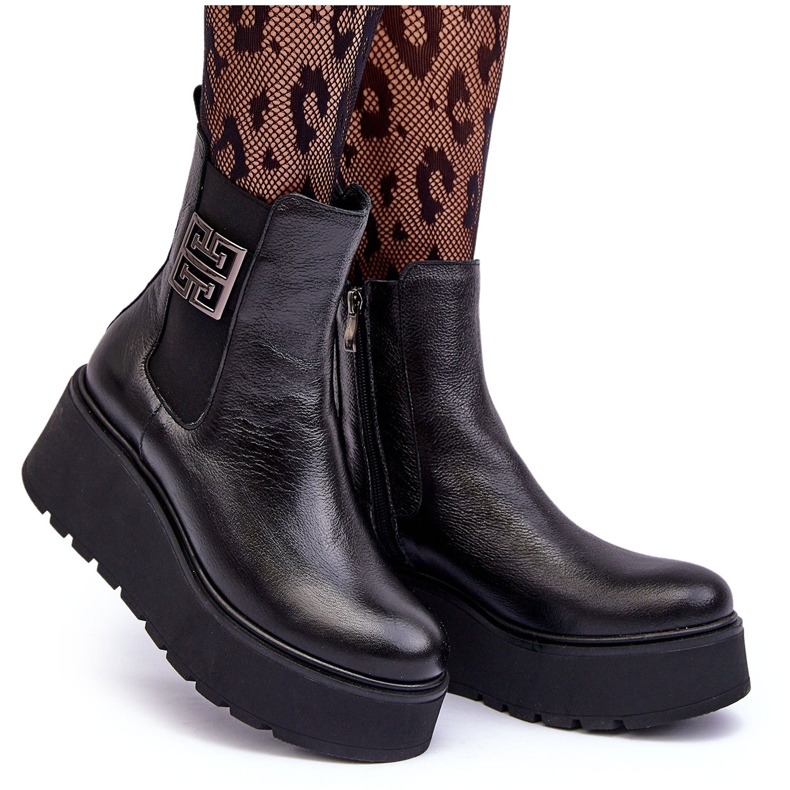 Women's Leather Ankle Boots on a Massive Platform Black Lemar Savira