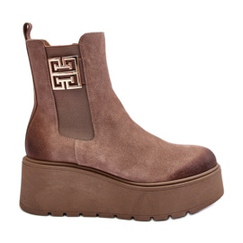 Women's suede ankle boots on a massive platform, dark beige Lemar Savira