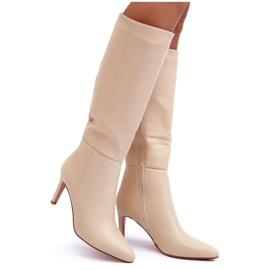 Beige Serpens Leather High Heel Boots