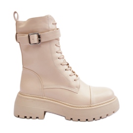 Leather Worker Ankle Boots On A Flat Heel With A Buckle Light Beige Samivlo
