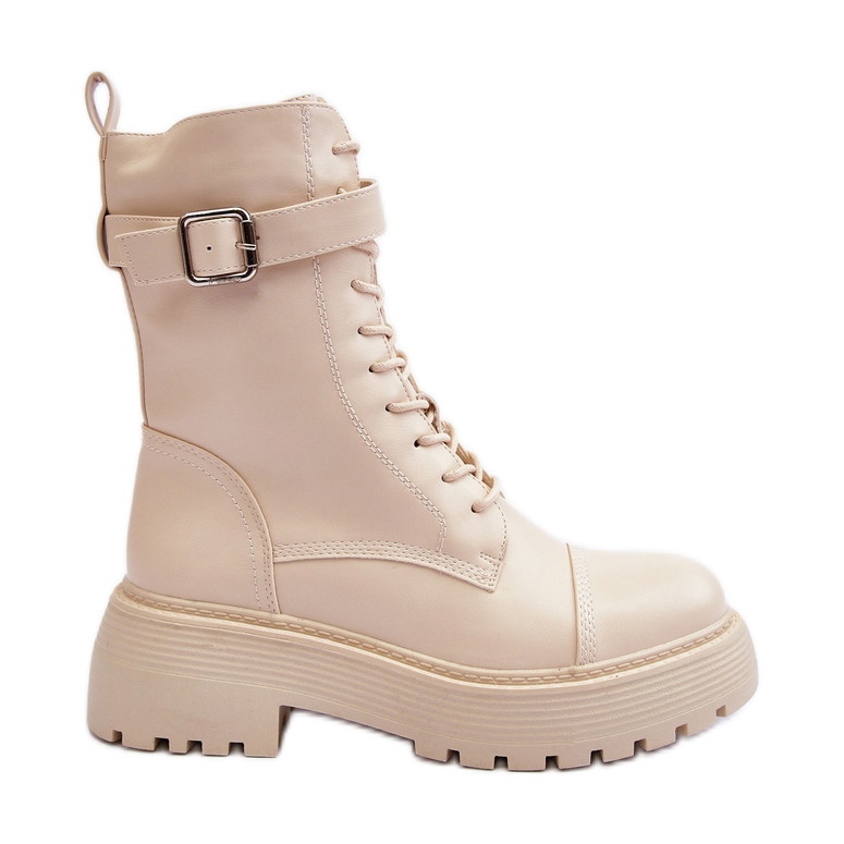 Leather Worker Ankle Boots On A Flat Heel With A Buckle Light Beige Samivlo