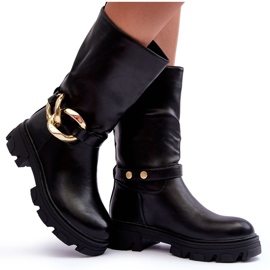 Women's flat-heeled eco-leather boots with a black decoration
