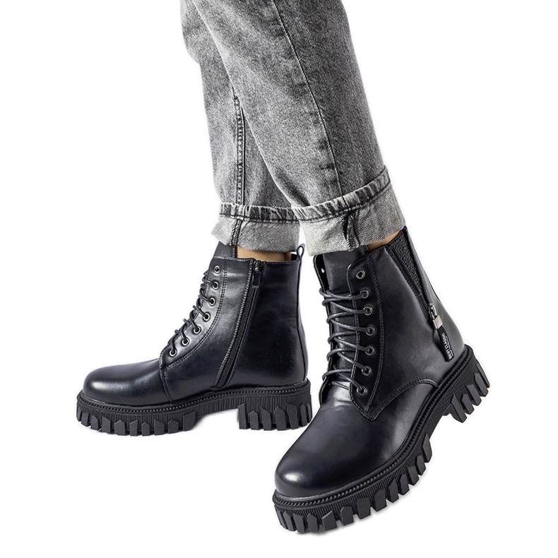 Black lace-up ankle boots with Latsch rhinestones