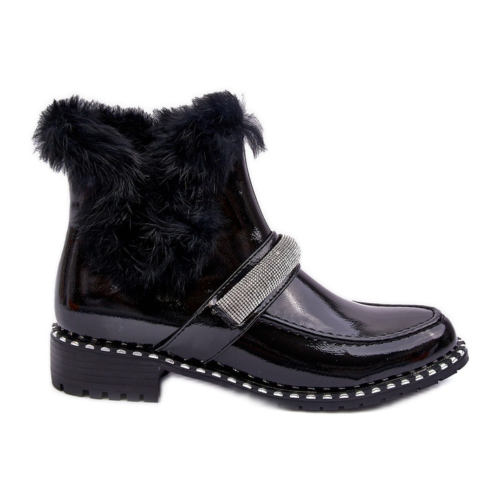 Low Patent Boots With Fur and Decoration S.Barski MR870-74 Black