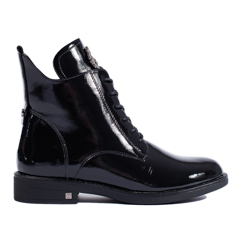 W. Potocki Black patent ankle boots with a flat heel by Potocki