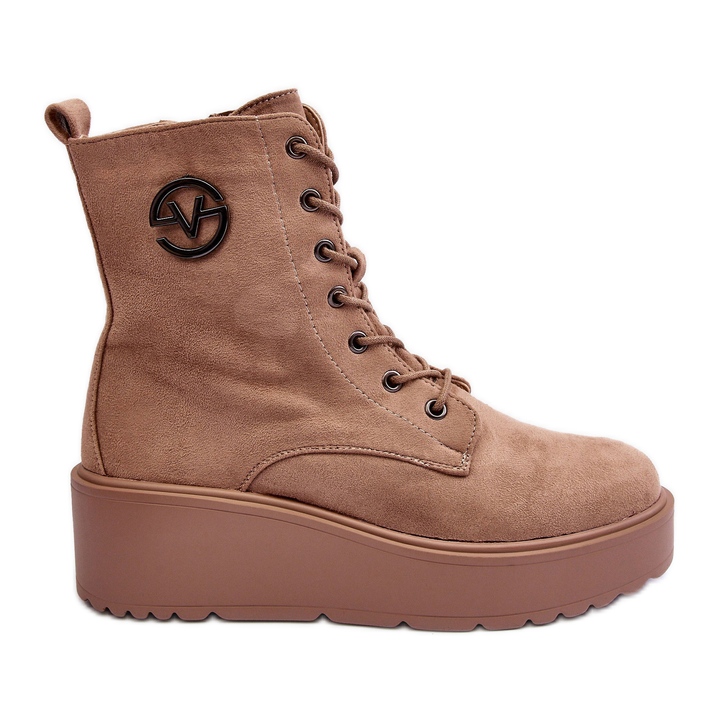 Vinceza Beige Suede Worker Ankle Boots On A Massive Platform Wedges Beige Lavica