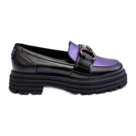 Laura Messi Women's Leather Loafers On Flat Heels Black and Purple Elkiza