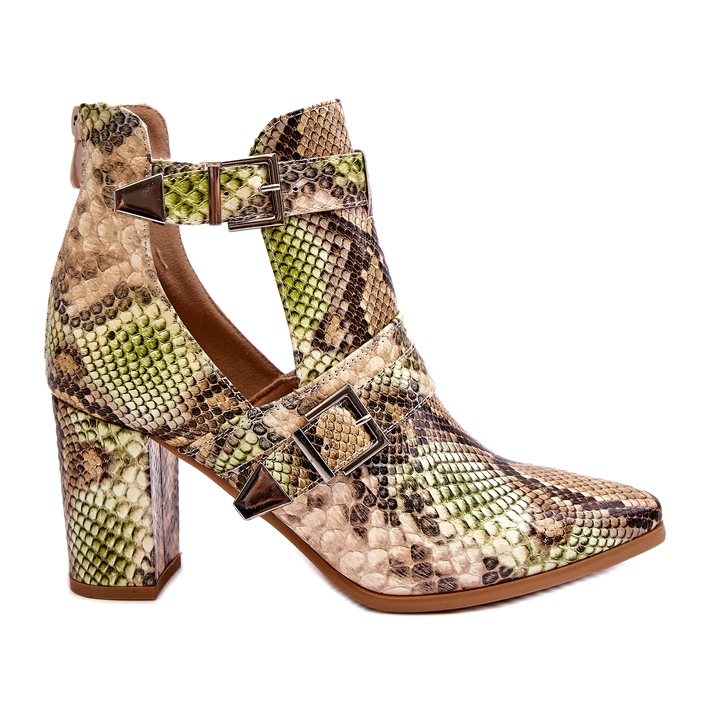 Fashionable high-heeled ankle boots with cutouts, beige and green