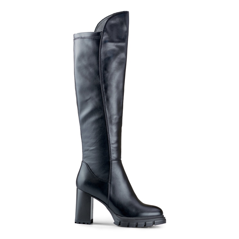 Black above-the-knee boots made of eco-leather with a high heel