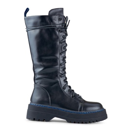 Ladies' knee-high lace-up boots made of eco-leather black