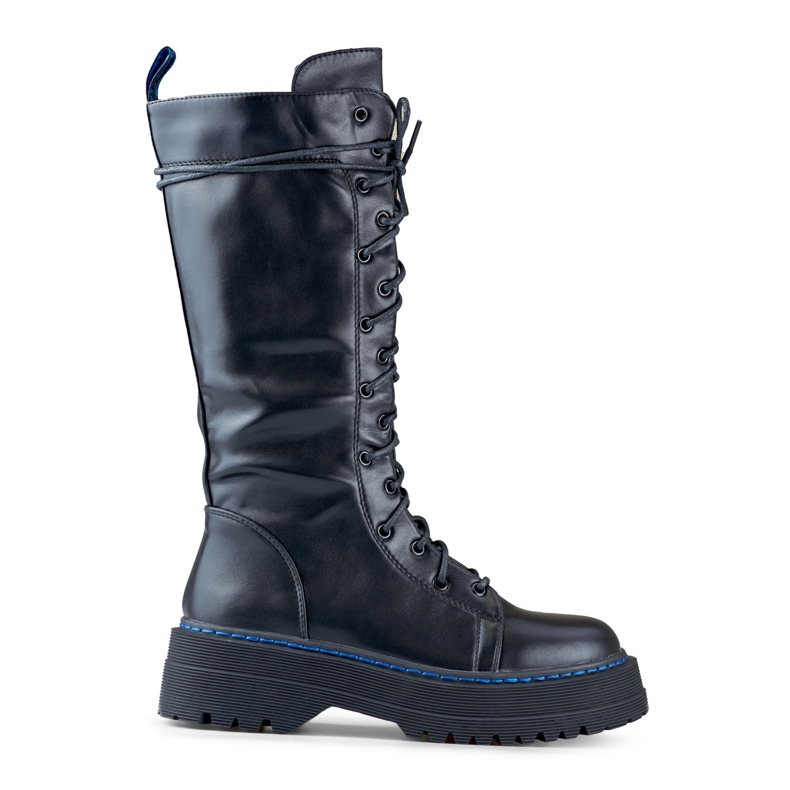 Ladies' knee-high lace-up boots made of eco-leather black