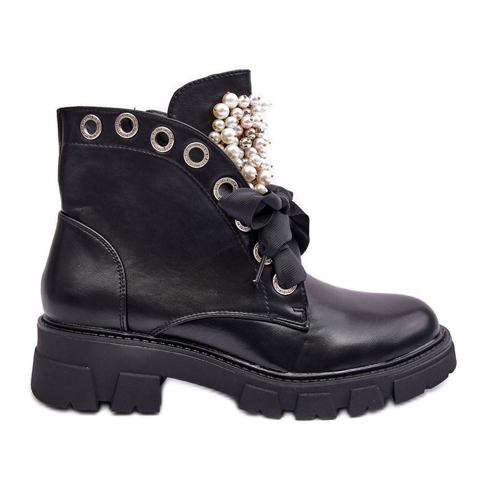 Decorated Low Flat Boots Black Binga Decorated Low Flat Boots Black Binga