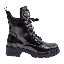 Vinceza Patent Worker Ankle Boots With Black Ember Decoration