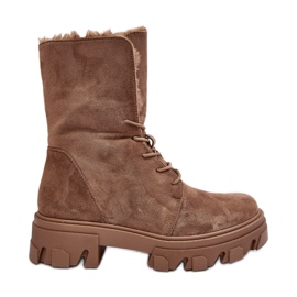 PS1 Suede Lace-Up Ankle Boots With Fur, Dark Beige Frendo brown