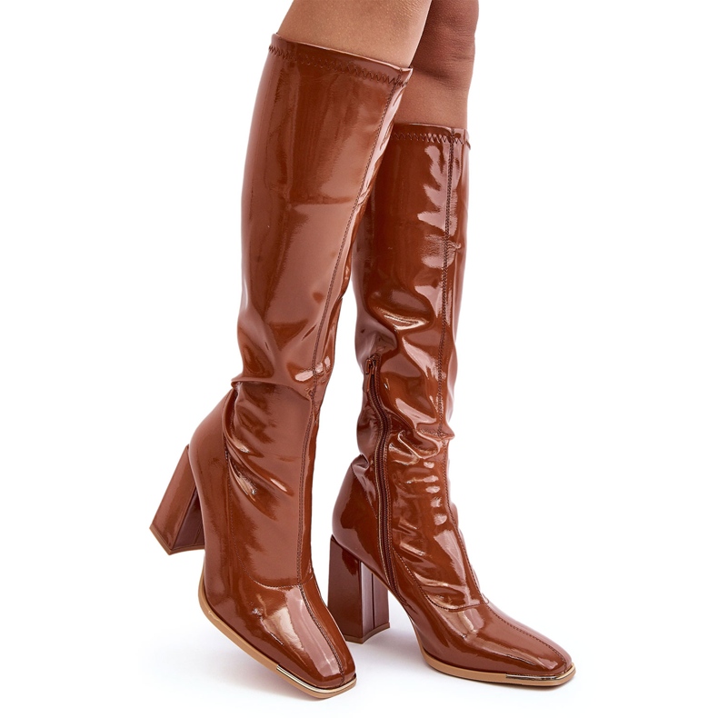 PS1 Patent Over-the-Knee High Heel Boots, Brown Mlokva