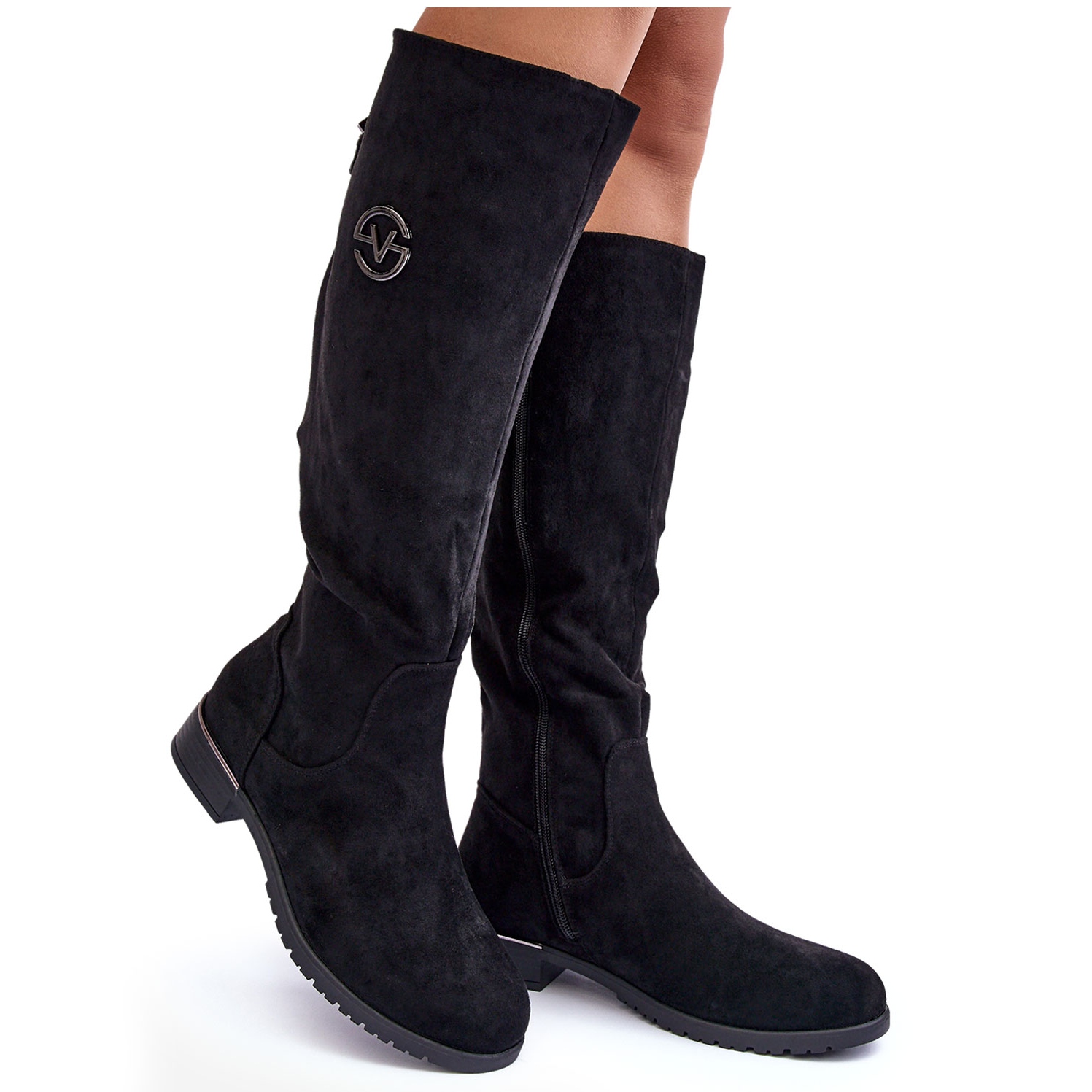 Black suede flat boots top womens