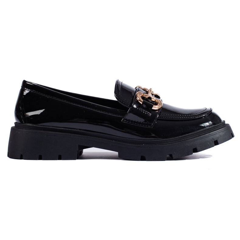 Patent black loafers with a gold Shelovet buckle