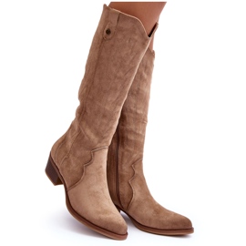 Beige Lunah Suede Cowboy Boots with Low Heels