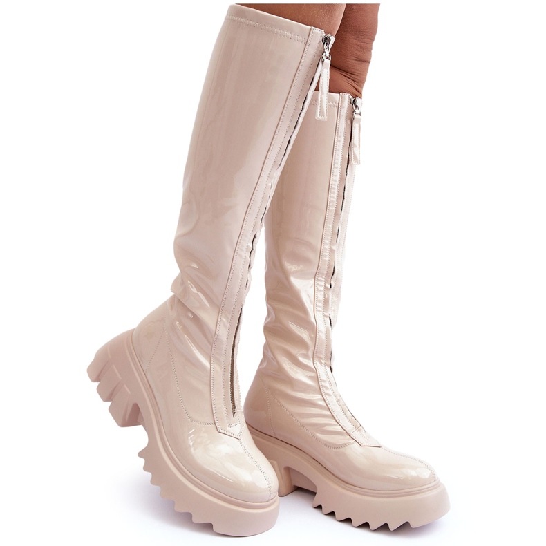 PS1 Patent leather boots on a massive platform with a zipper, Beige Ringo