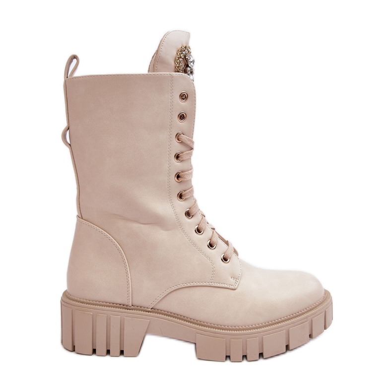 PS1 Beige Marx Leather Worker Ankle Boots With Jewelry Decoration PS1 Beige Marx Leather Worker Ankle Boots With Jewelry Decoration