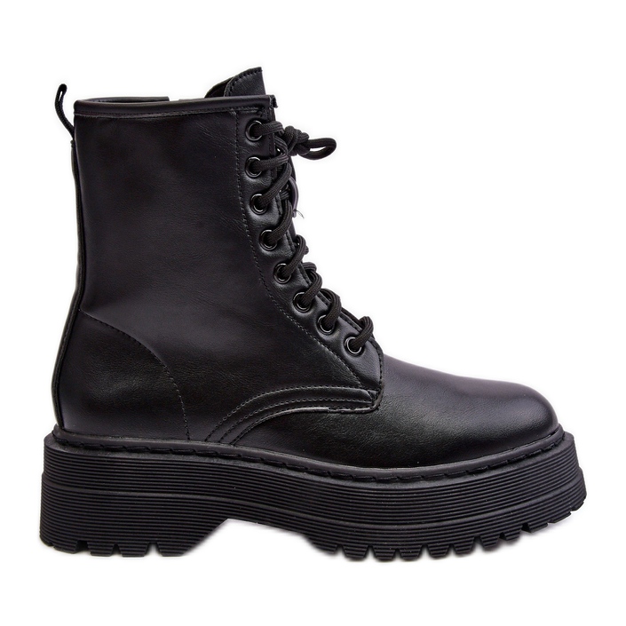 PS1 Women's Lace-up Worker Ankle Boots With a Thick Sole Black Biancis