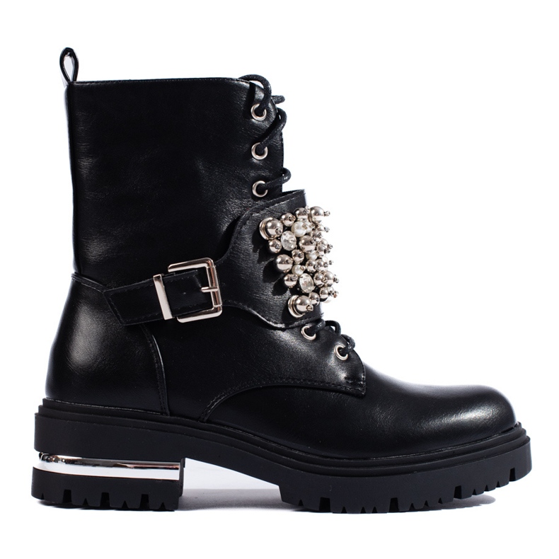 Women's black worker boots with Shelovet pearls