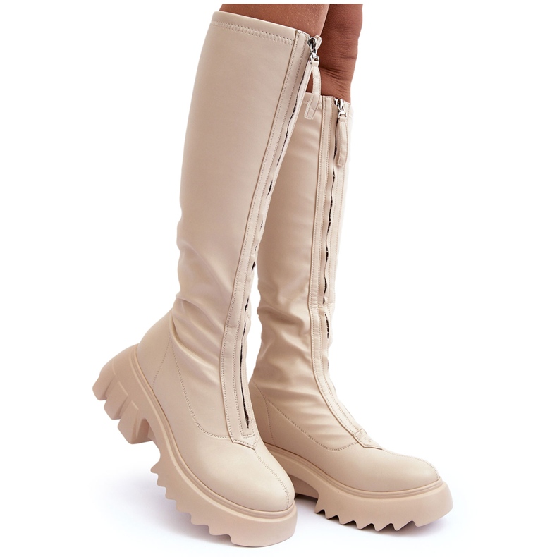 PS1 Beige Ringo leather boots on a massive platform with a zipper