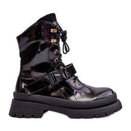 Women's Patent Worker Boots On Platform Black Nahili