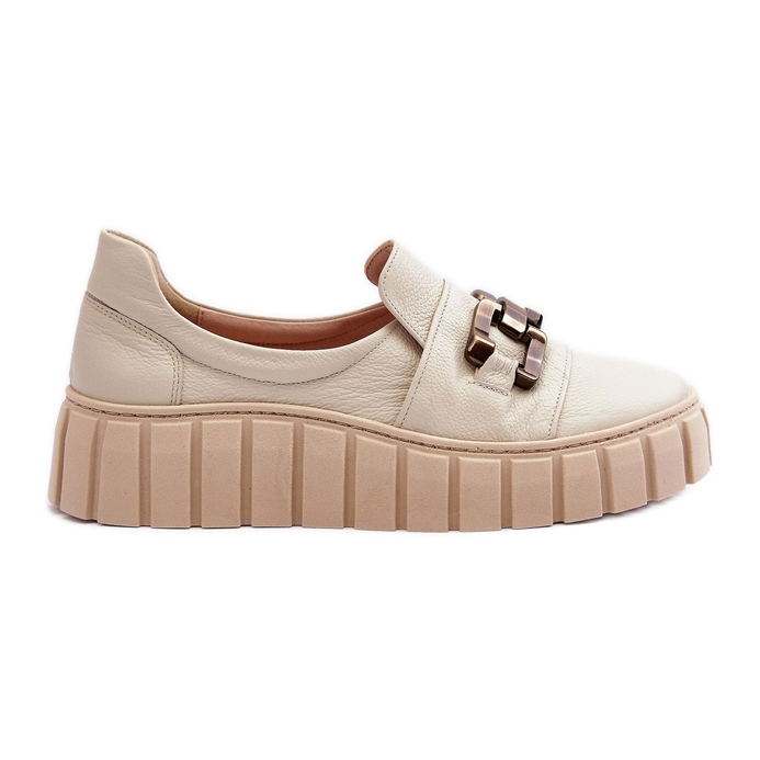 Lewski Shoes Women's Leather Shoes On A Platform With Decoration, Beige Lewski 3398
