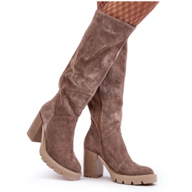 Lewski Shoes Suede Women's High Heel Boots, Dark Beige, Lewski 3371 Lewski Shoes Suede Women's High Heel Boots, Dark Beige, Lewski 3371