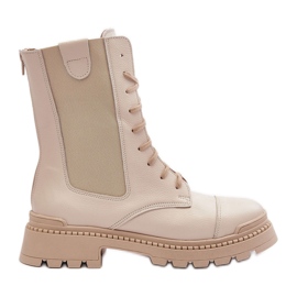 Women's Leather Worker Boots Lace-up Light Beige Nicole 2836