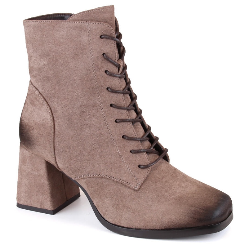 Women's suede ankle boots with laces and a zipper, brown Potocki SZ12185