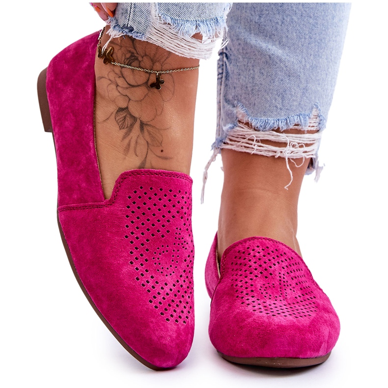 S.Barski Suede Comfortable Openwork Moccasins Fuchsia pink