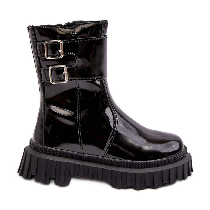 Children's patent leather ankle boots with buckles, Black Chloraia