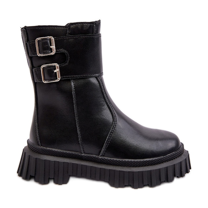 Children's Leather Boots With Buckles Black Chloraia