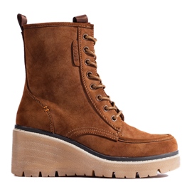 Goodin Camel Shelovet lace-up wedge boots brown