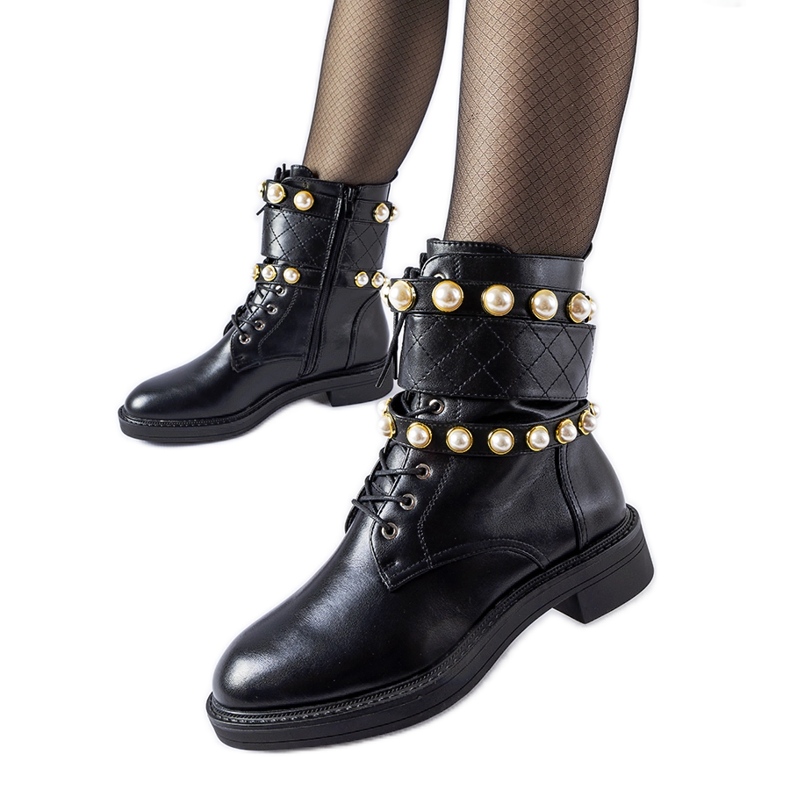 Black insulated ankle boots with Normand pearls