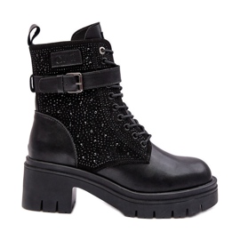 Leather Worker Ankle Boots Decorated with Rhinestones GOE MM2N4041 Black