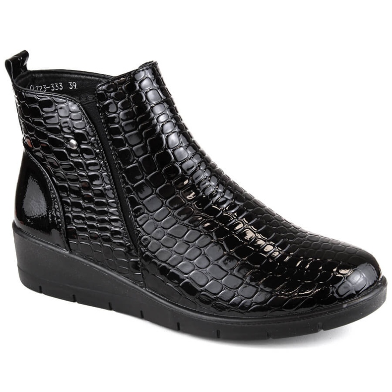 Black patent women's ankle boots with a crotch wedge, T.Sokolski Z23-333