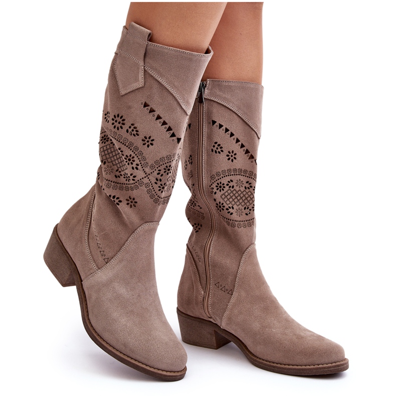 PA2 Suede Boots With Openwork Cappuccino Sierra Pattern beige