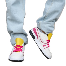 Archie white and pink sneakers with a yellow tongue
