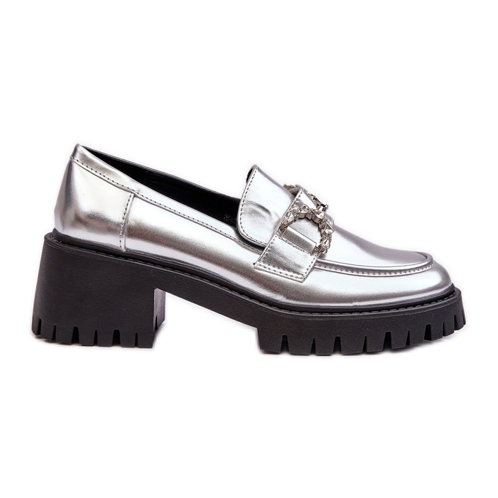 Women's Leather Shoes with Chunky High Heels, Silver Lemmitty