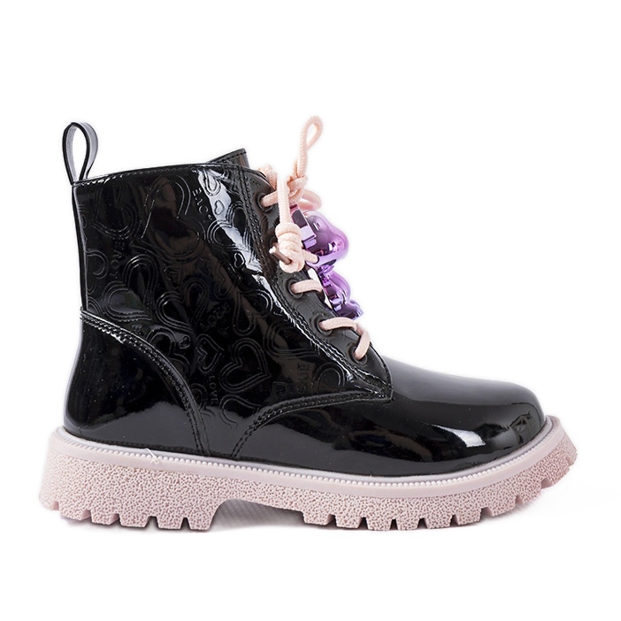 Evento Black and pink patent boots with an Orso teddy bear