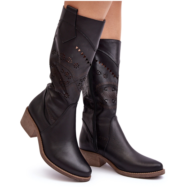 Leather boots with an openwork pattern, Black Sierra