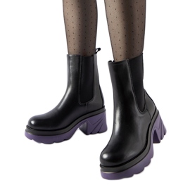 Black insulated ankle boots with purple Tirano heel