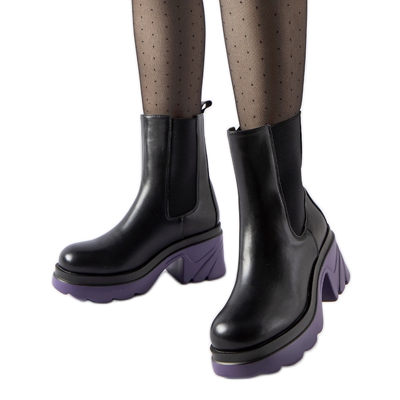 Black insulated ankle boots with purple Tirano heel