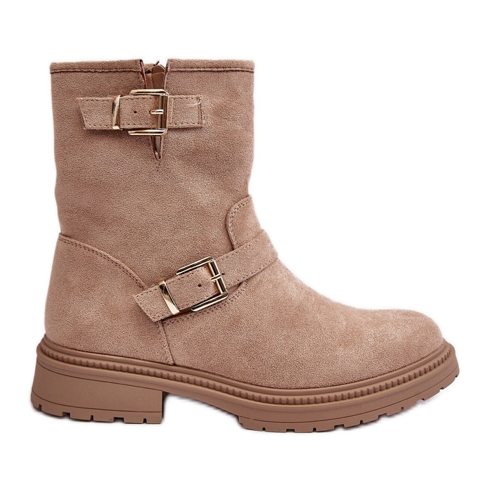 Women's Flat Boots With Buckles, Beige Bliggore